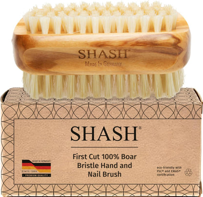 SHASH natural boar bristle nail brush front view showing dual sided bristles and olive wood handle