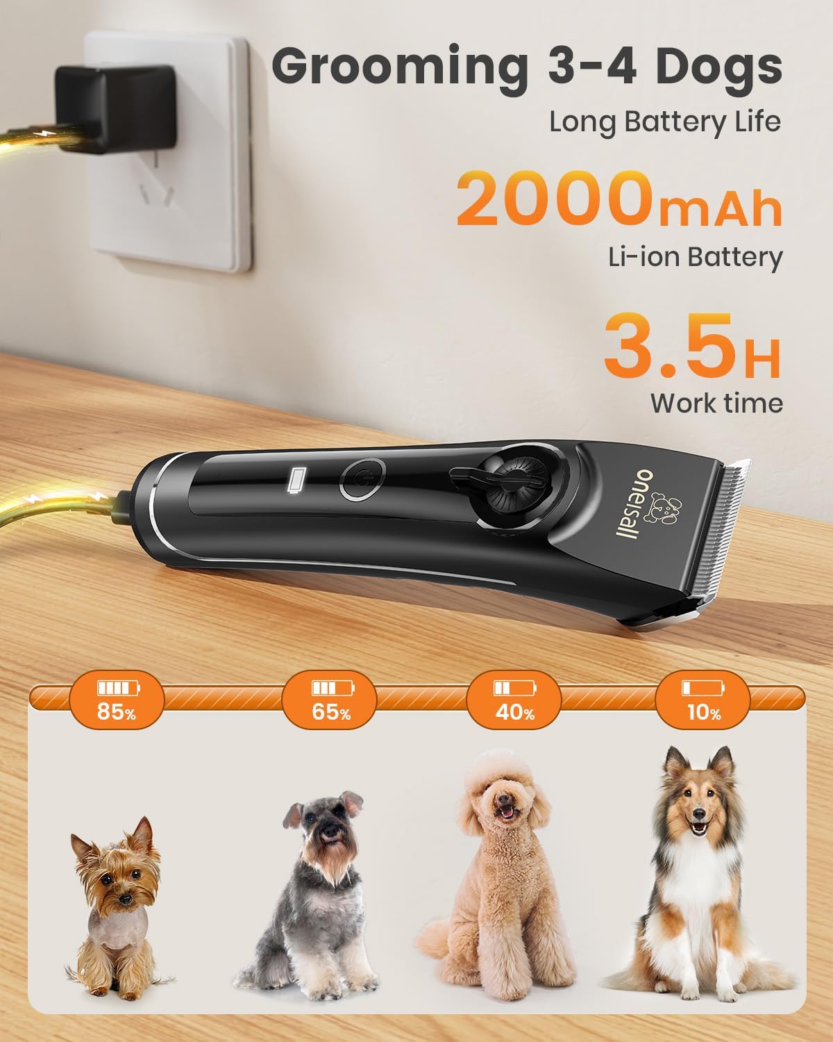 Whisper quiet low noise pet shaver being used on a sensitive dog close up