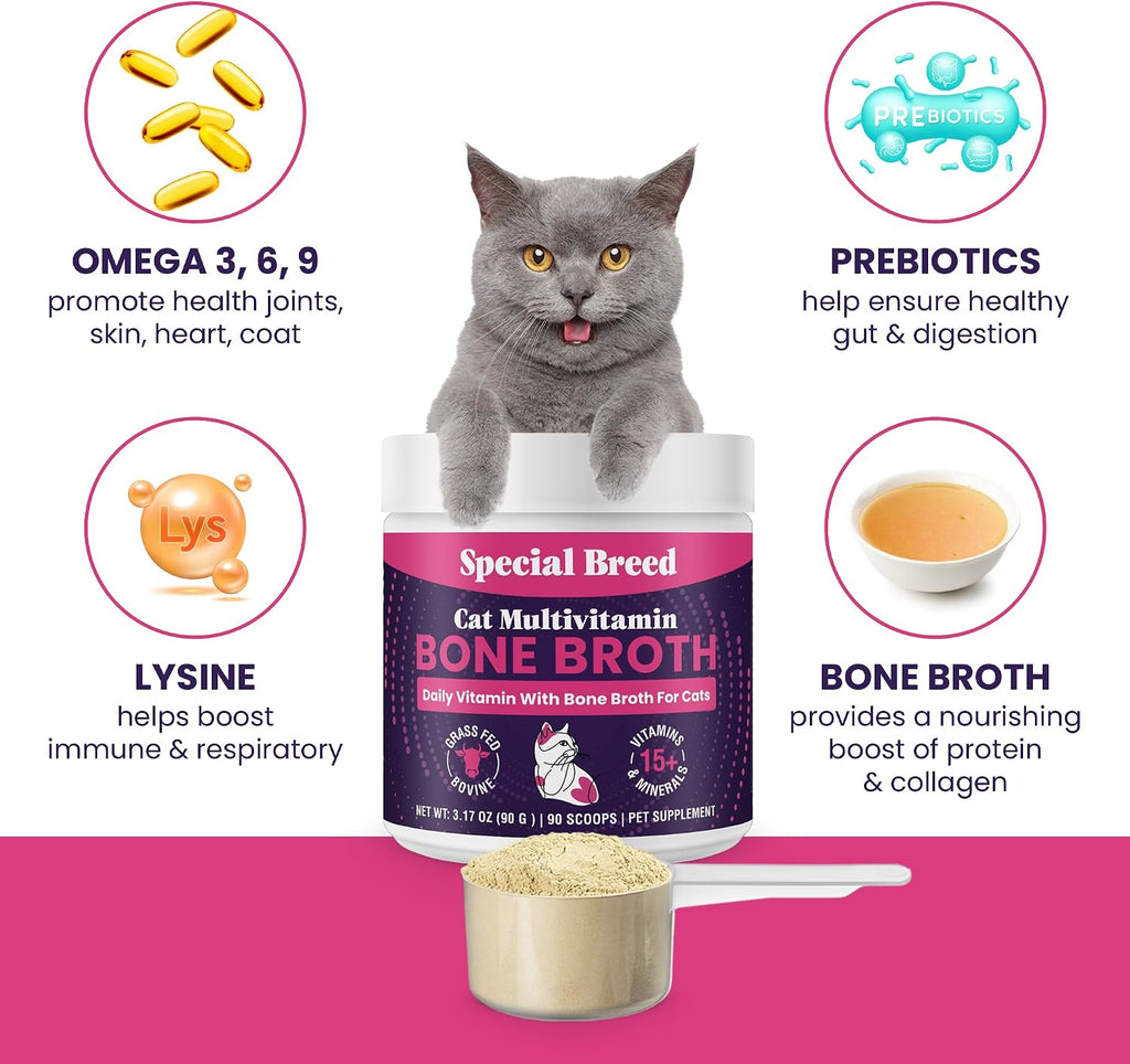 Back label of Special Breed cat multivitamin showing detailed ingredient list and nutritional facts.