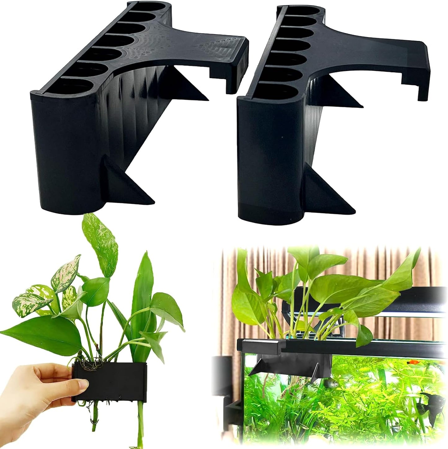 Aidmi aquarium plant holder front view hanging on a fish tank rim
