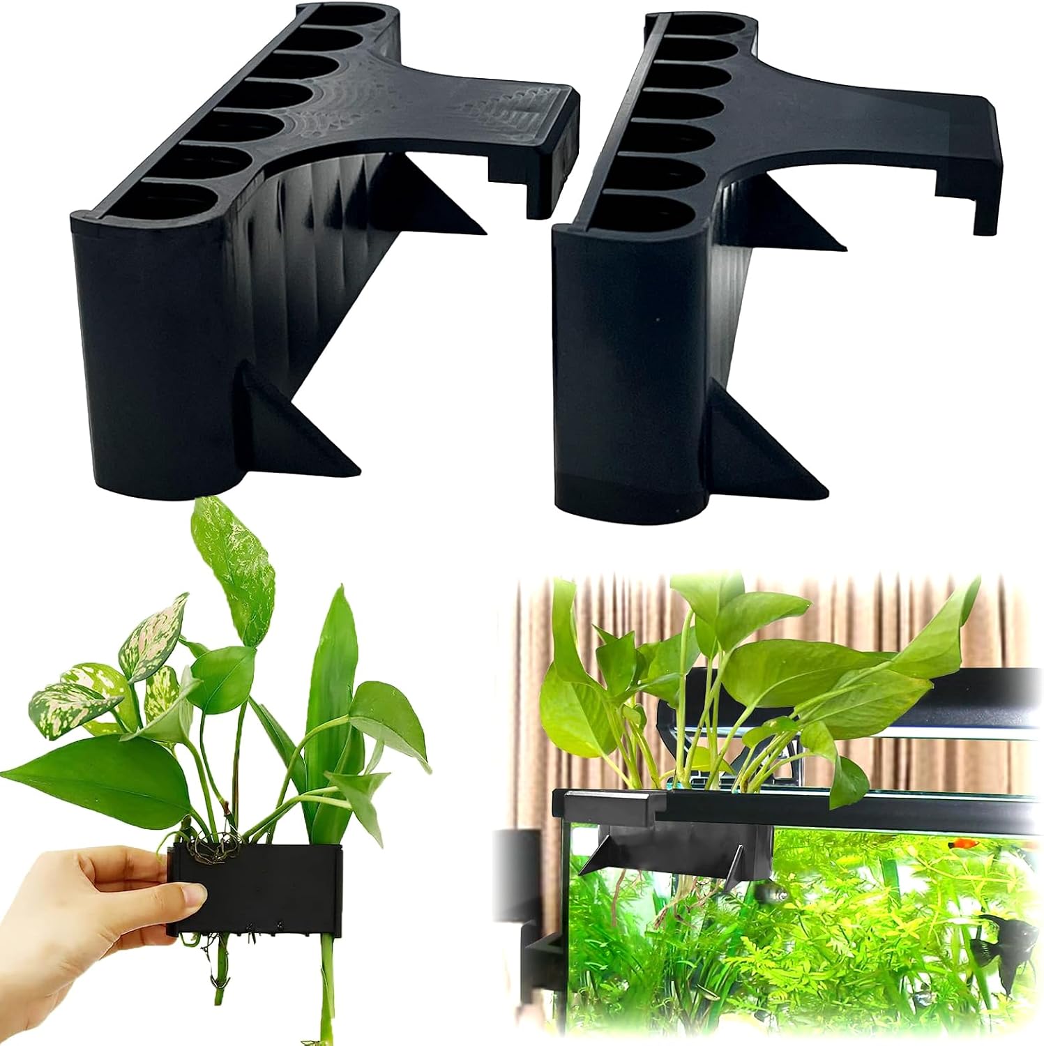 Aidmi aquarium plant holder front view hanging on a fish tank rim