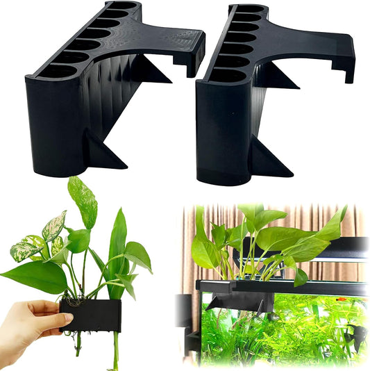 Aidmi aquarium plant holder front view hanging on a fish tank rim