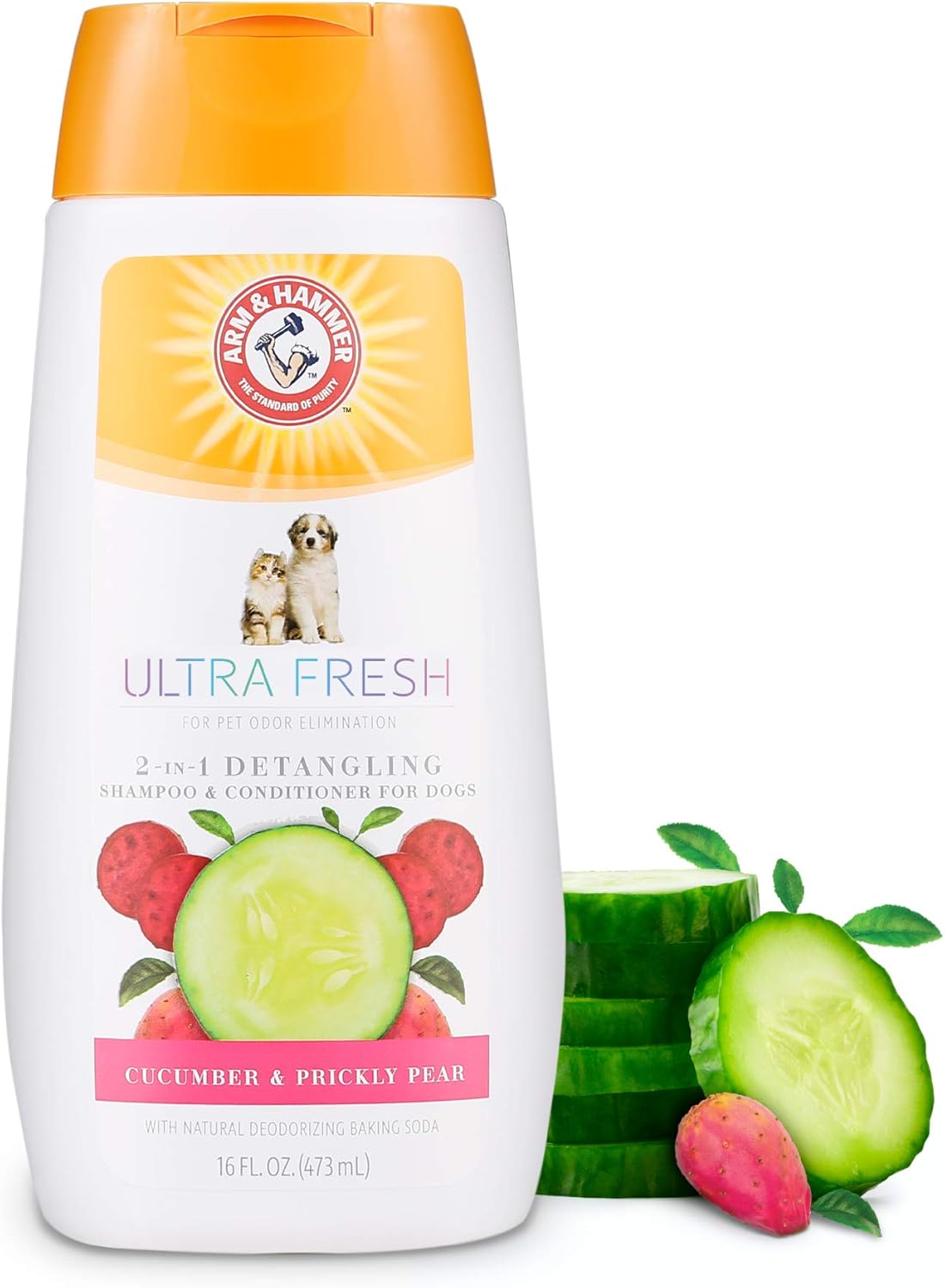 Value size twenty four fluid ounce bottle of Arm And Hammer ultra fresh puppy safe shampoo.