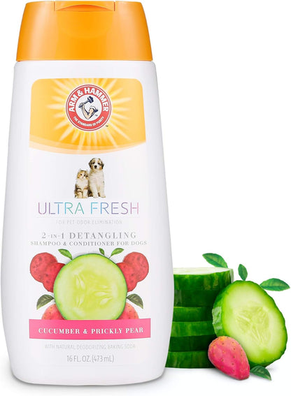 Value size twenty four fluid ounce bottle of Arm And Hammer ultra fresh puppy safe shampoo.