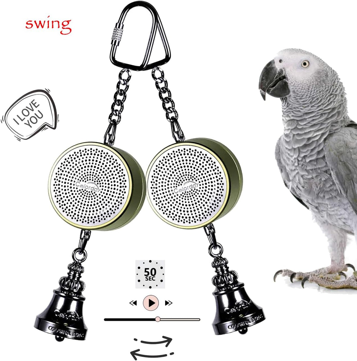 Educational bird toy hanging inside a parrot cage setting.