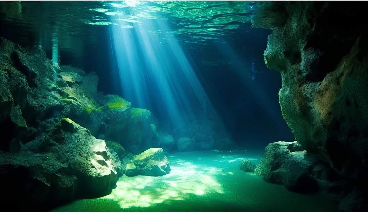Riivvdise underwater cave aquarium background front view showcasing high definition ocean floor design.