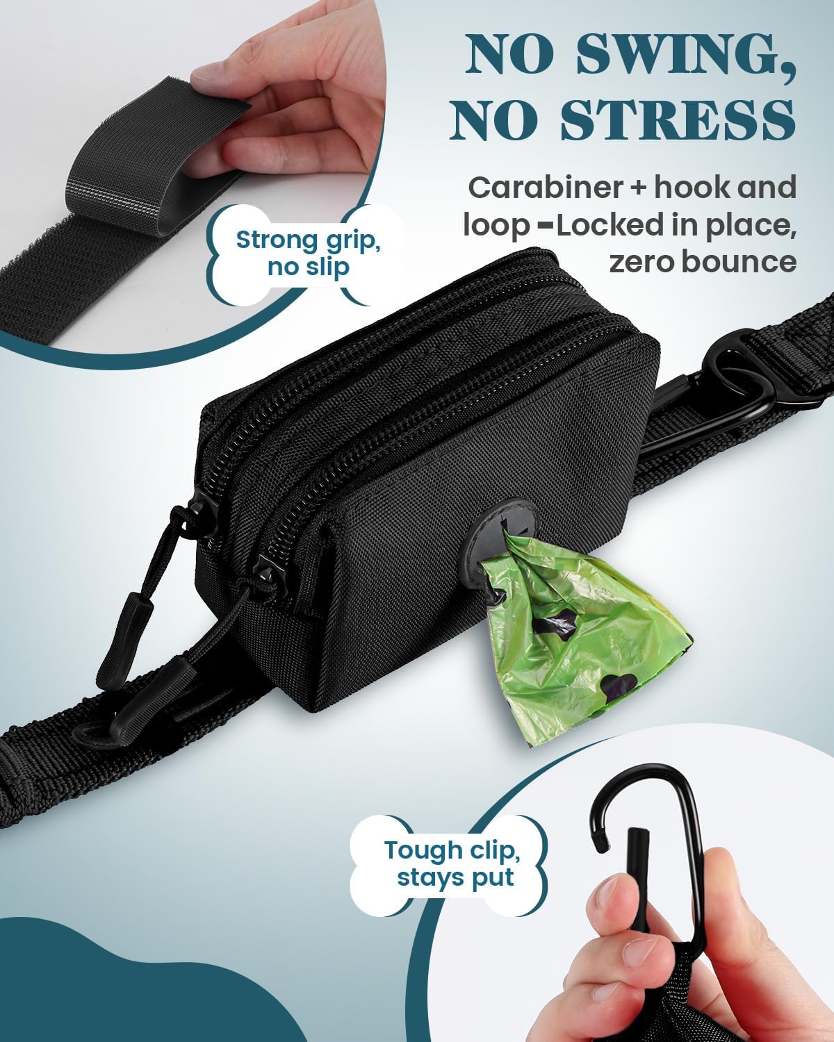 PawistaPal leash bag attachment displaying the heavy duty metal carabiner hook