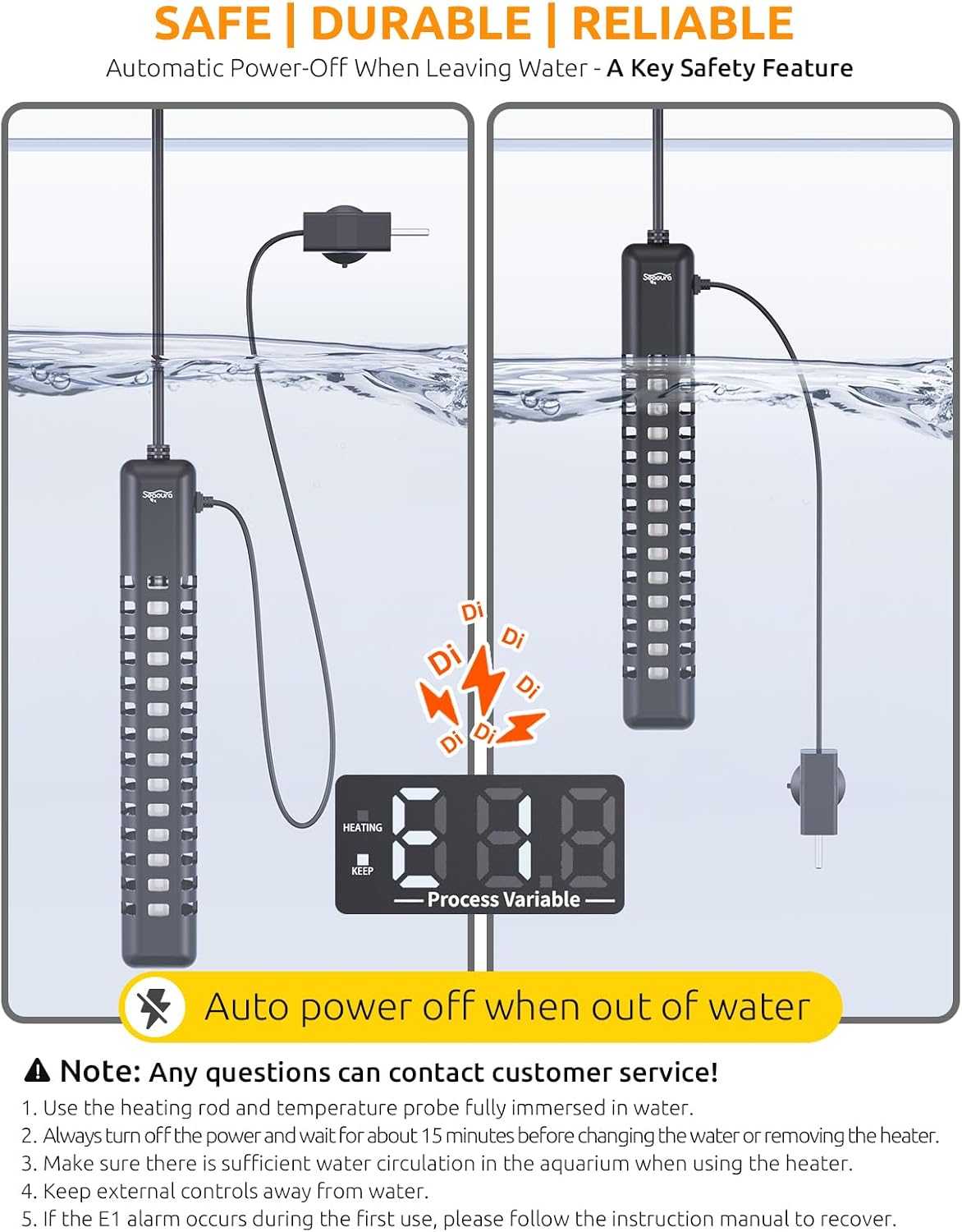 Seaoura 300W fish tank heater safety features