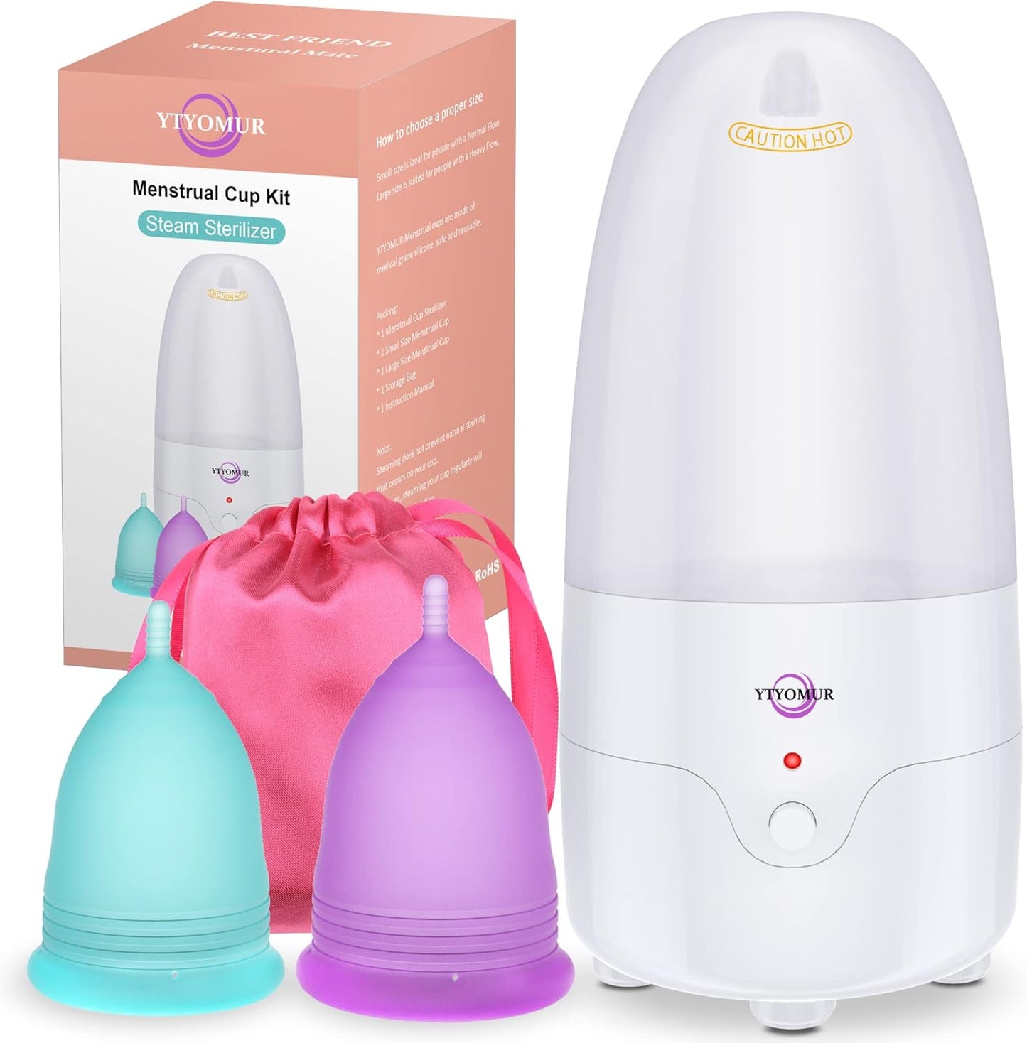 YTYOMUR Menstrual Cup Steamer Sterilizer front view with two pink silicone cups
