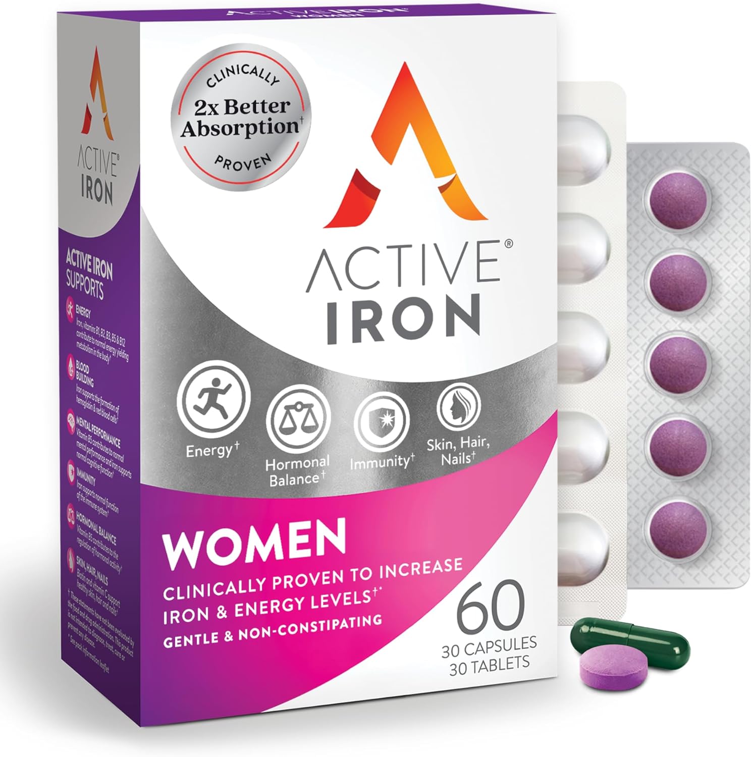 Active Iron Supplement for Women front view packaging showing capsules and tablets