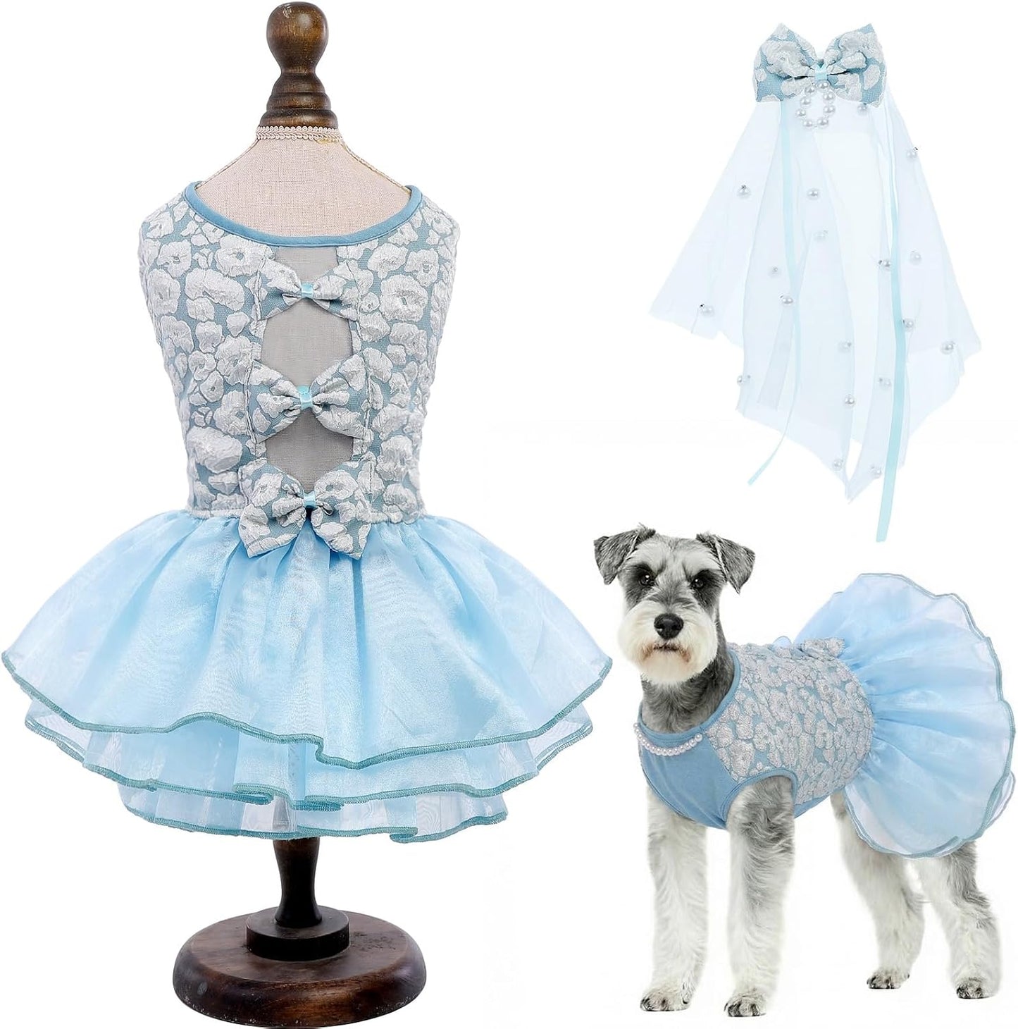 Side profile of a large puppy wearing ASENKU pink formal lace apparel