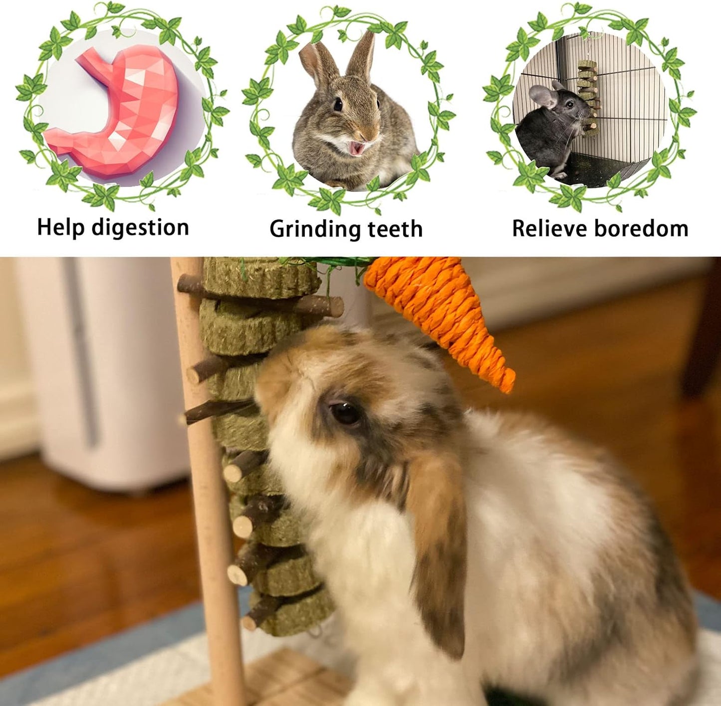 Four piece natural rodent molar string chew toy set close up
