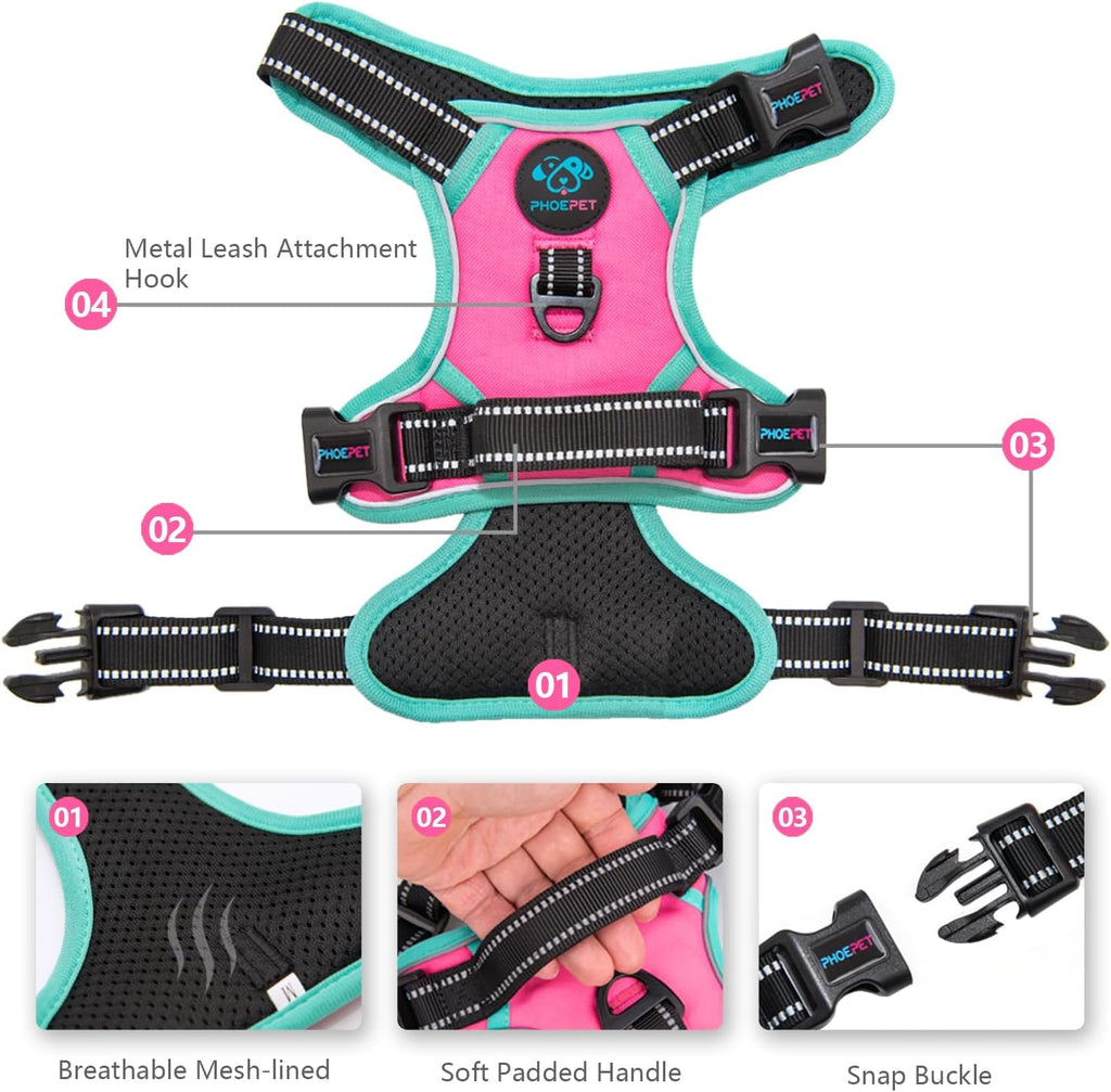 Close up of Phoepet dog harness metal leash hooks