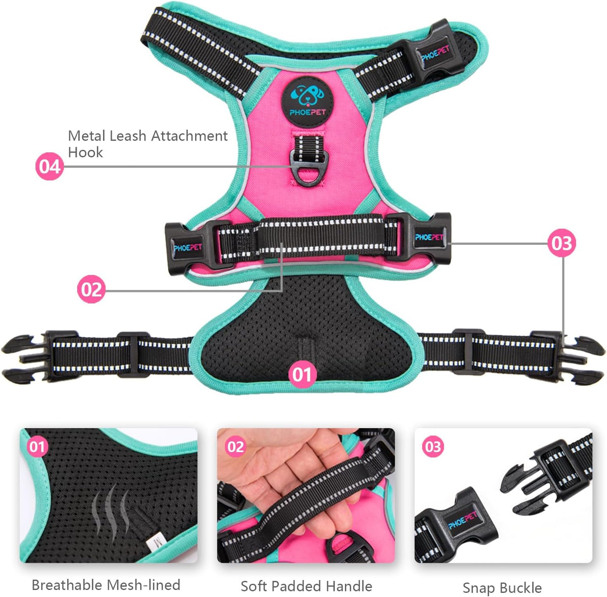 Close up of Phoepet dog harness metal leash hooks