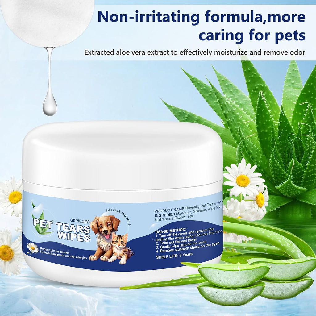 Hopzzy aloe vera pet eye wipes being used on a white dog face