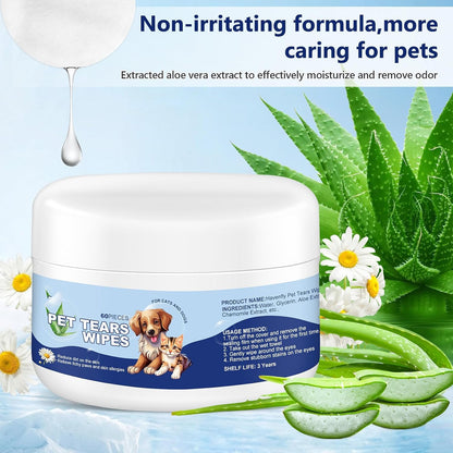 Hopzzy aloe vera pet eye wipes being used on a white dog face