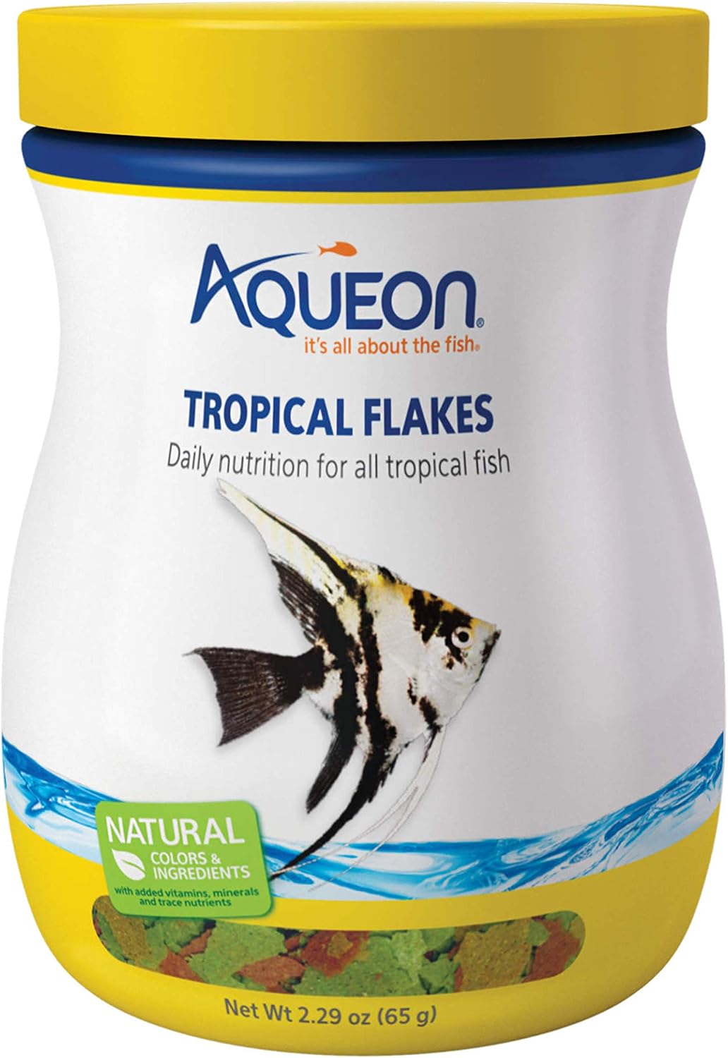 Aqueon Tropical Flakes 2.29 Ounces fish food container front view