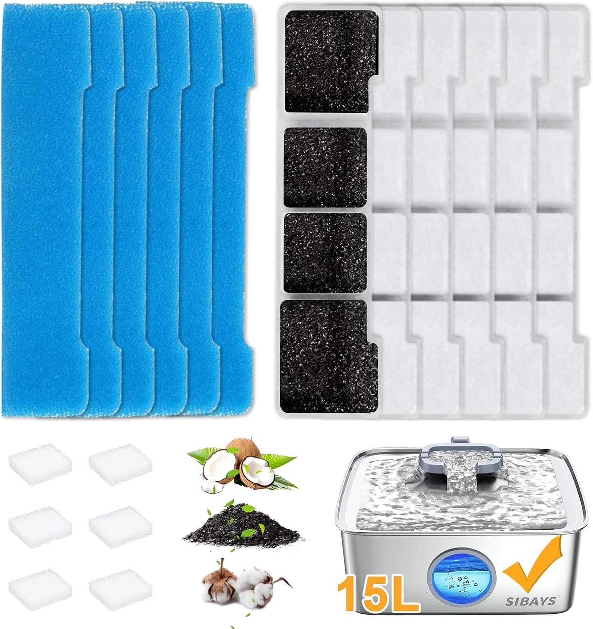 SIBAYS Dog Water Fountain Filter Replacement, 4Gal/15L Pet Fountain Filters, Made of Activated Carbon and PP Cotton, 8 Pet Water Fountain Filters, 8 Pre-Filter Sponge with 8 Pump Sponge(Model: L05) - Image 10