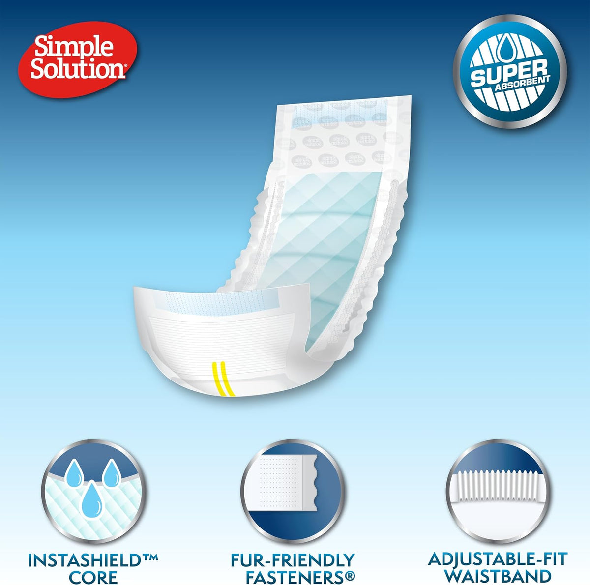 Simple Solution dog diaper packaging highlighting the leak proof InstaShield technology.