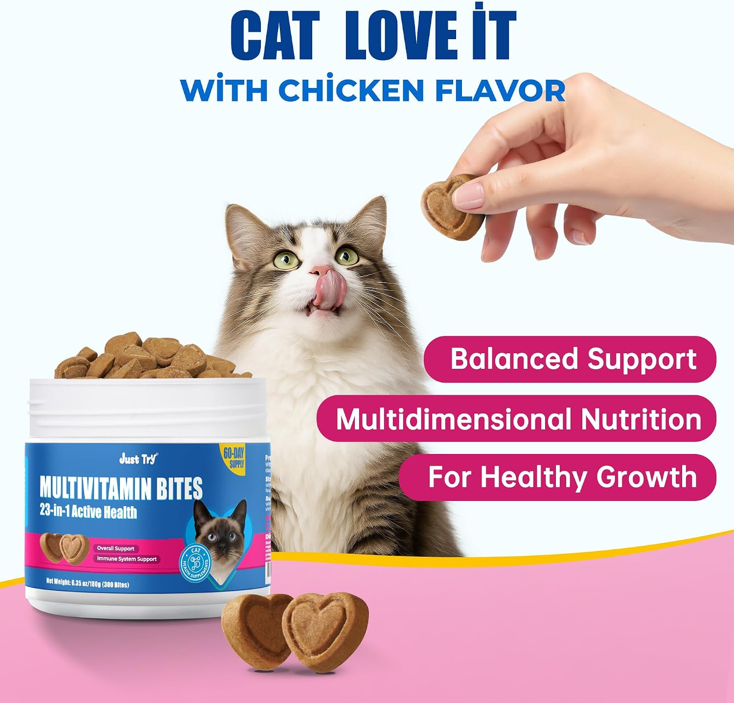 Just Try USA imported premium cat vitamin treats lifestyle placement.