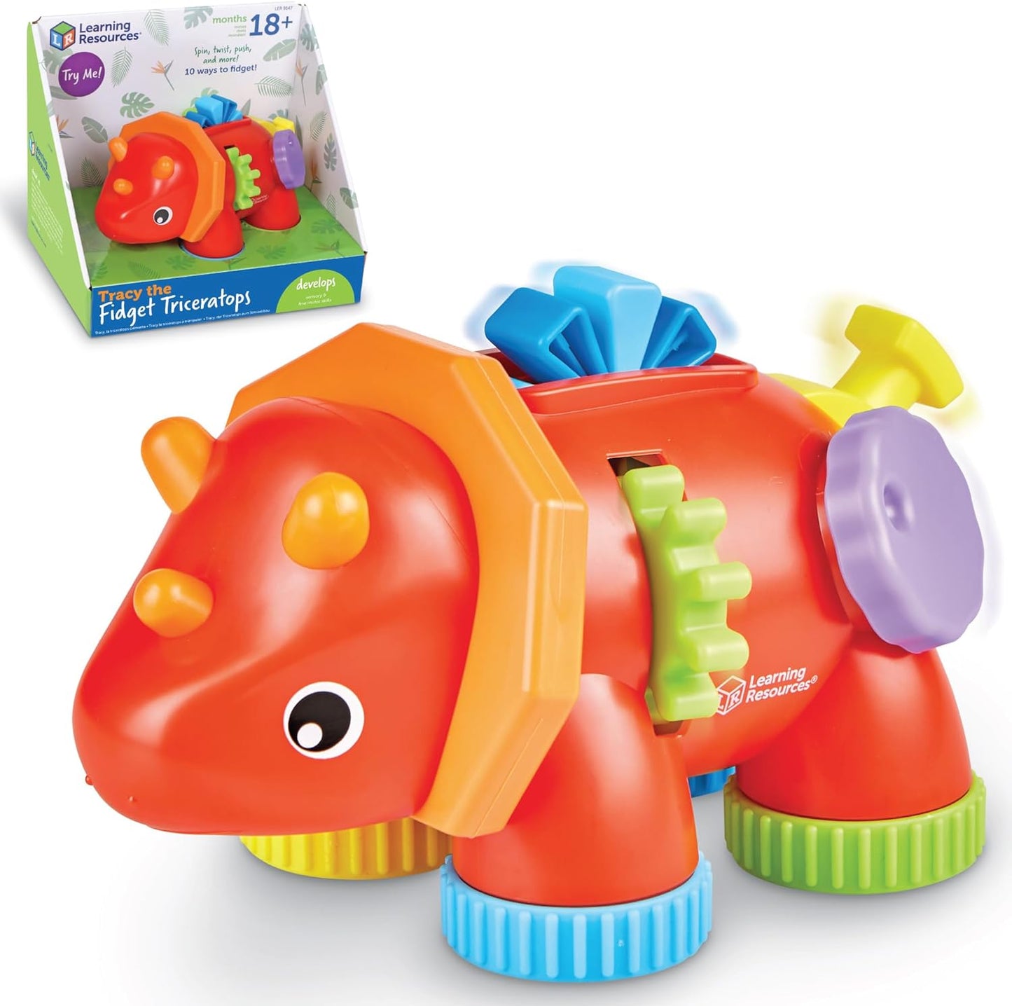 Learning Resources Tracy the Fidget Triceratops fine motor toddler toy front view