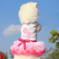 Small puppy wearing a pink rhinestone tutu dress sitting elegantly