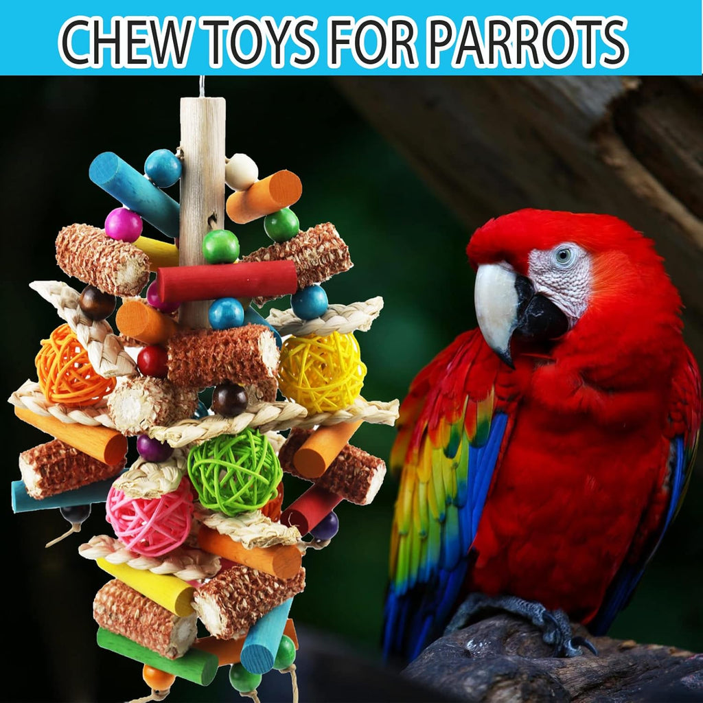 African Grey parrot playing with Kewkont natural wood chewing toy.