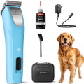 FuzzyFix BlueWave professional dog clippers front view showcasing the ergonomic cordless handle and premium stainless steel cutting blade.