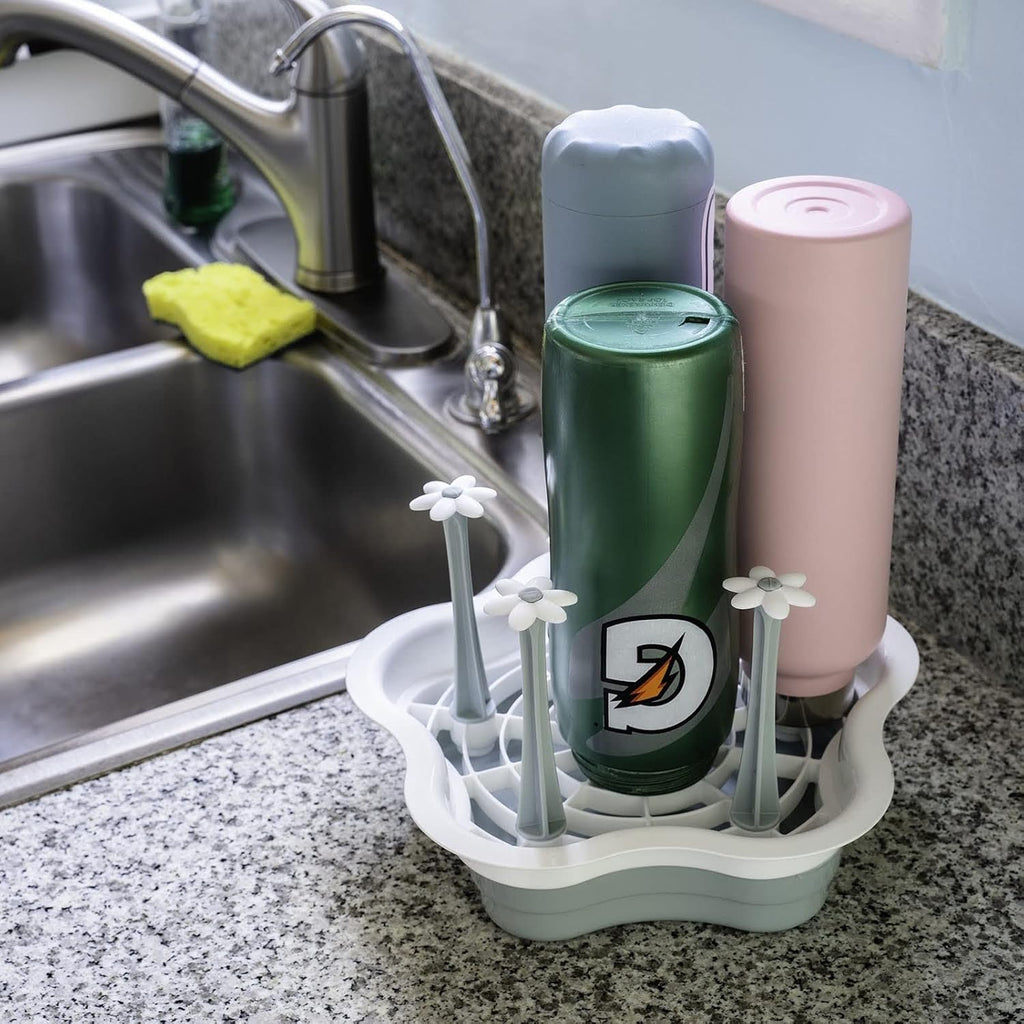 L-Wash countertop drying rack front view with insulated bottles