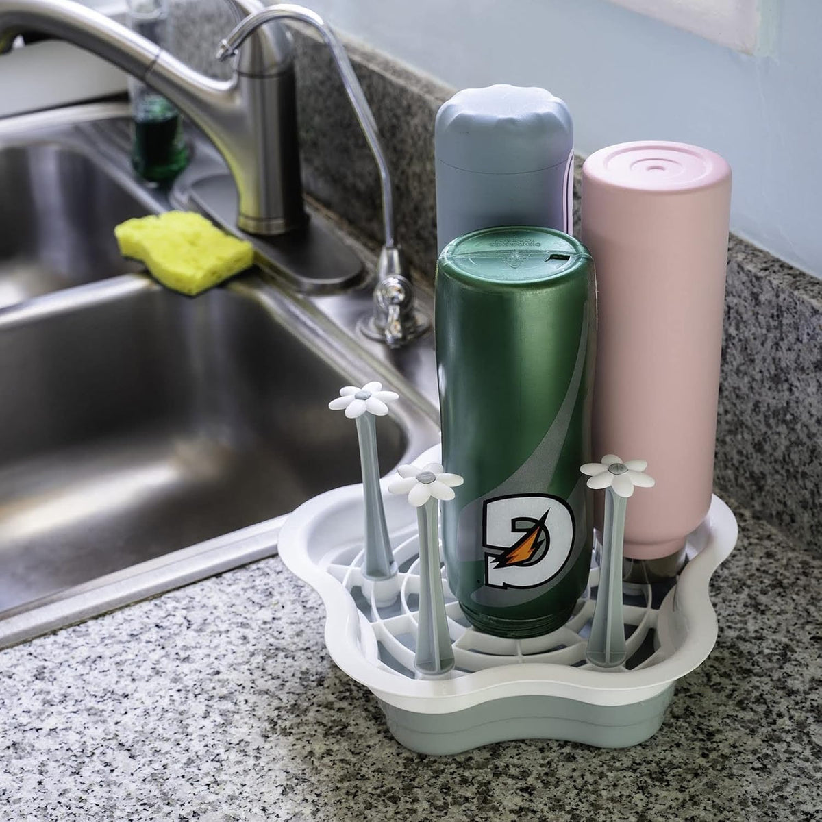L-Wash countertop drying rack front view with insulated bottles