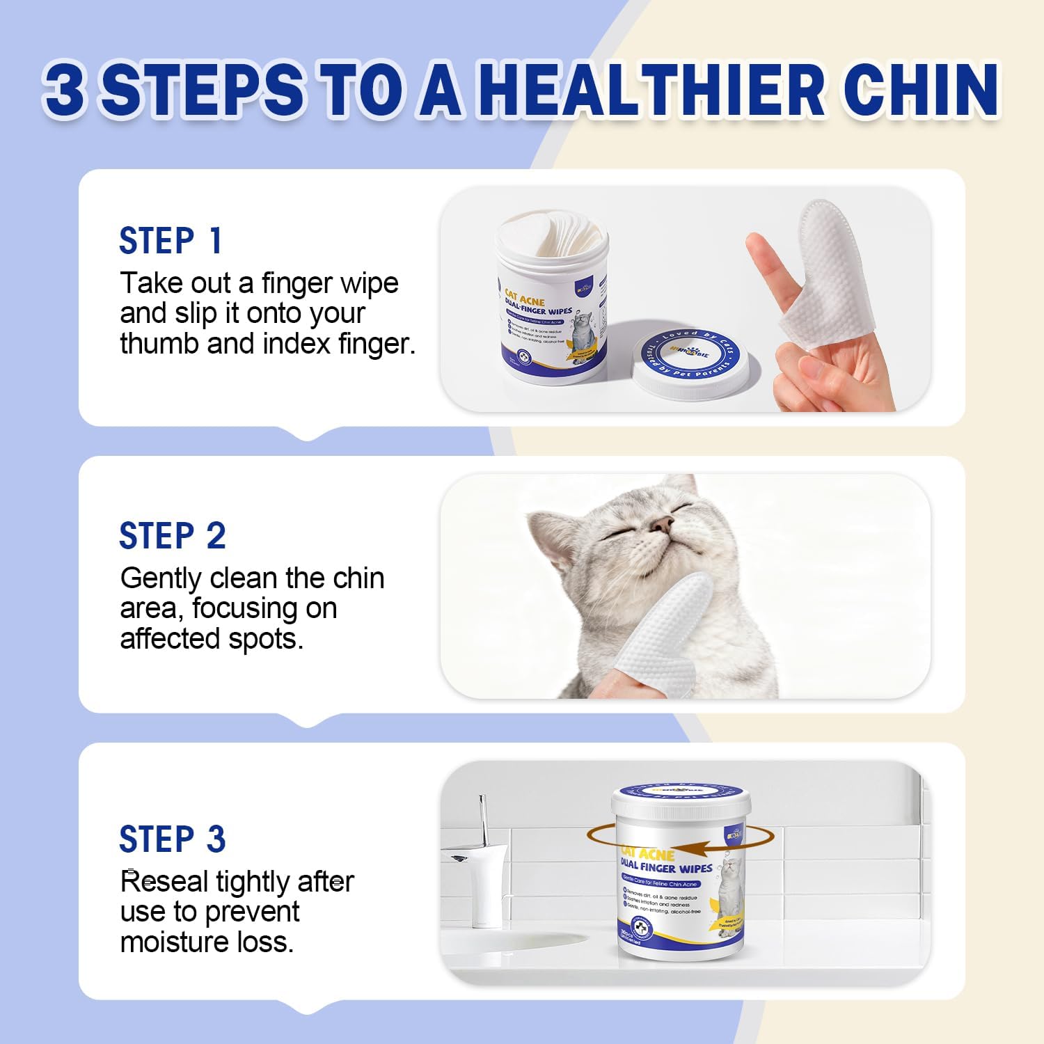 Close-up of the moist dual-finger sleeve wipe for targeted animal facial hygiene.