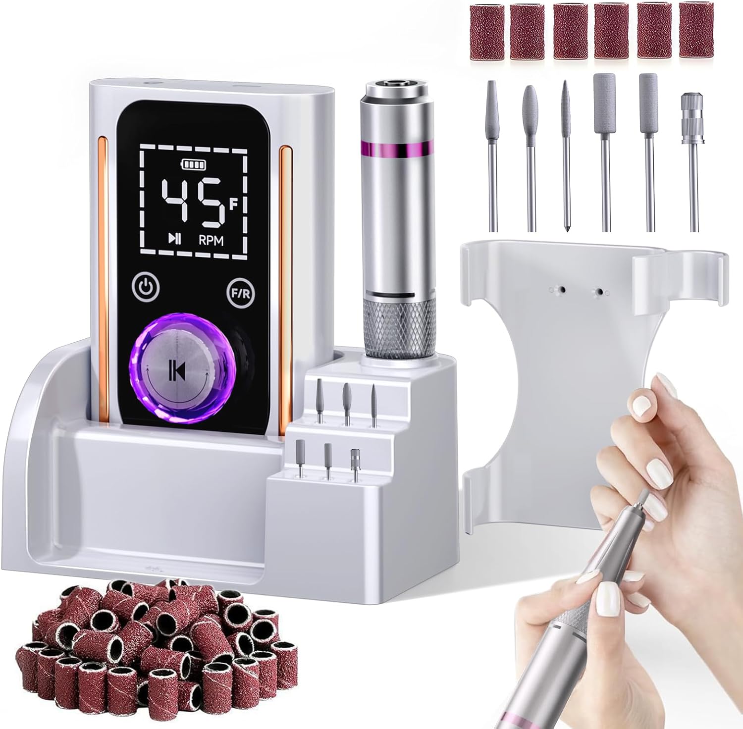 Puriom portable electric nail drill front view with rechargeable base