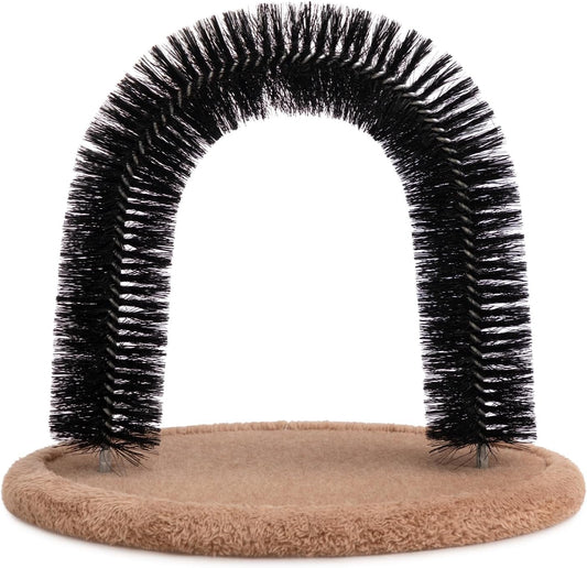 Hollypet self grooming massager cat arch brush front view showing black bristles and carpet base.