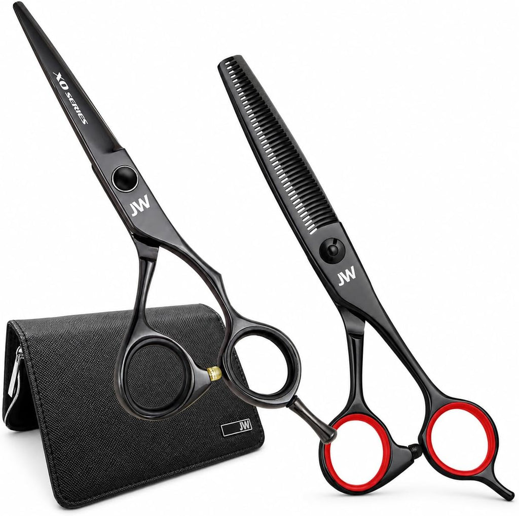 JW Shears professional hair cutting and blending kit front view showcasing black titanium finish.