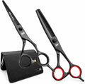JW Shears professional hair cutting and blending kit front view showcasing black titanium finish.