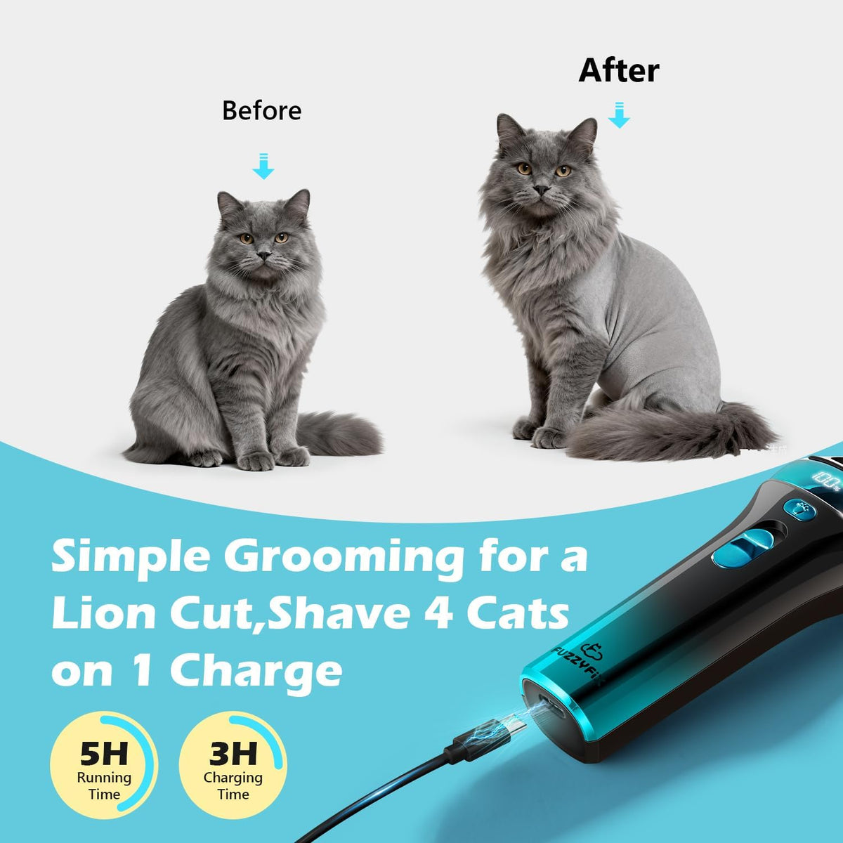 FuzzyFix low-noise cat trimmer being used on a small kitty