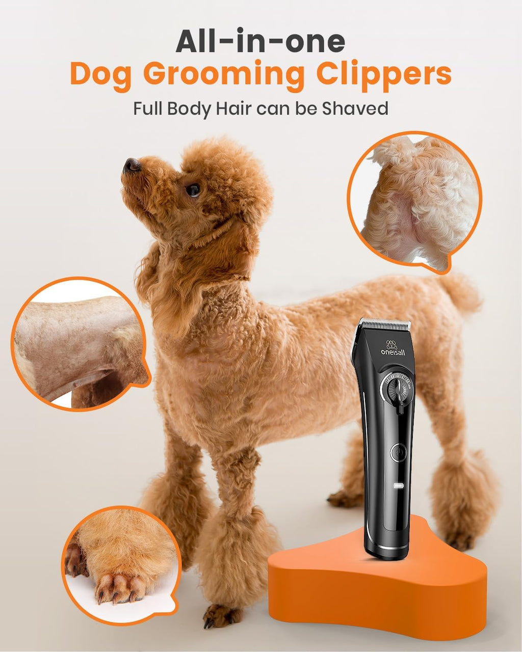 Oneisall CP-9050 cordless pet shaver showing the smart digital LCD battery display screen