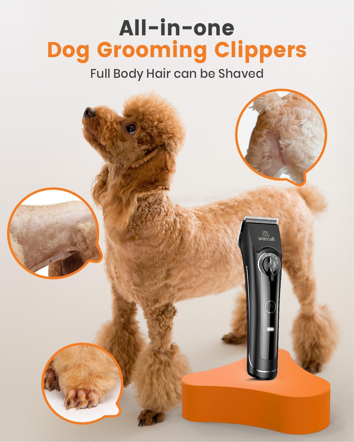 Oneisall CP-9050 cordless pet shaver showing the smart digital LCD battery display screen