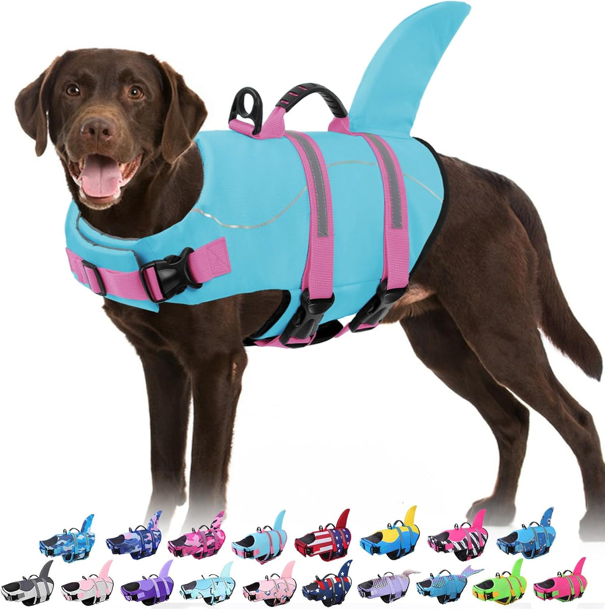 Pink shark style pet swimsuit with metal leash attachment D ring