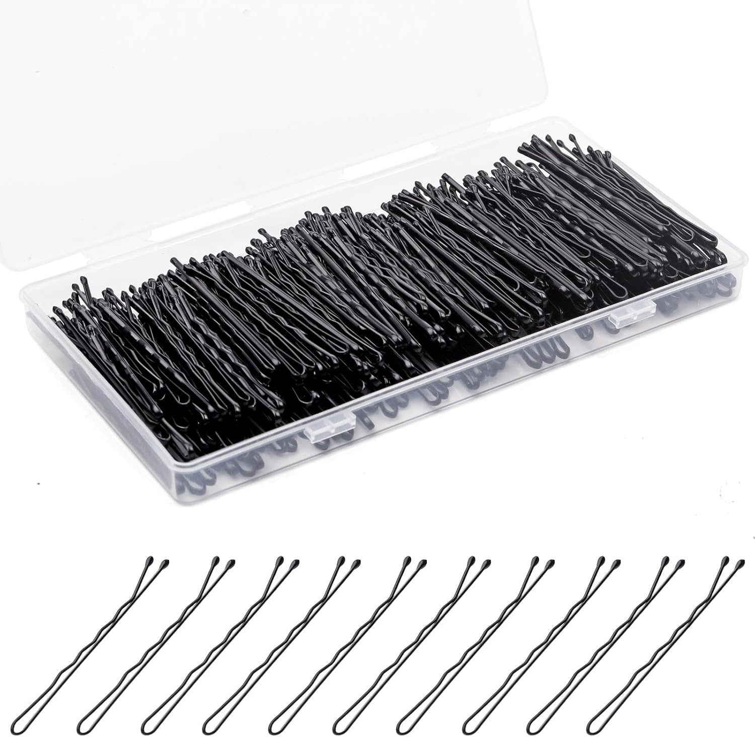 Fosvrde black wave bobby pins front view in a transparent plastic storage box.