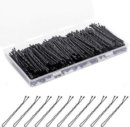Fosvrde black wave bobby pins front view in a transparent plastic storage box.
