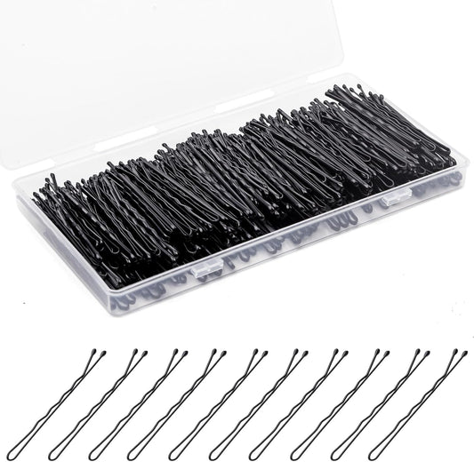Fosvrde black wave bobby pins front view in a transparent plastic storage box.