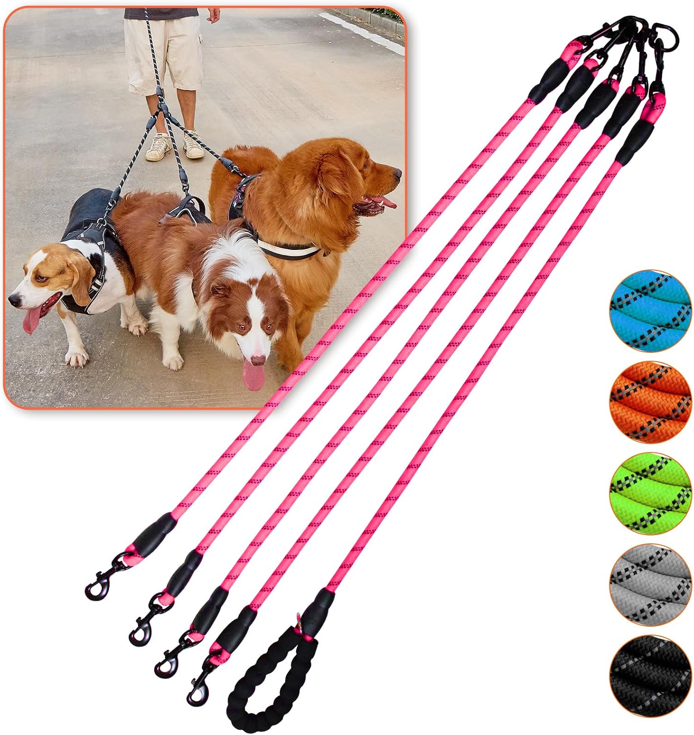 Dog Double Leashes,Comfortable Dog Leash with Reflective,No Tangle Triple Leash for Dogs (Orange Five Leashes) - Image 11
