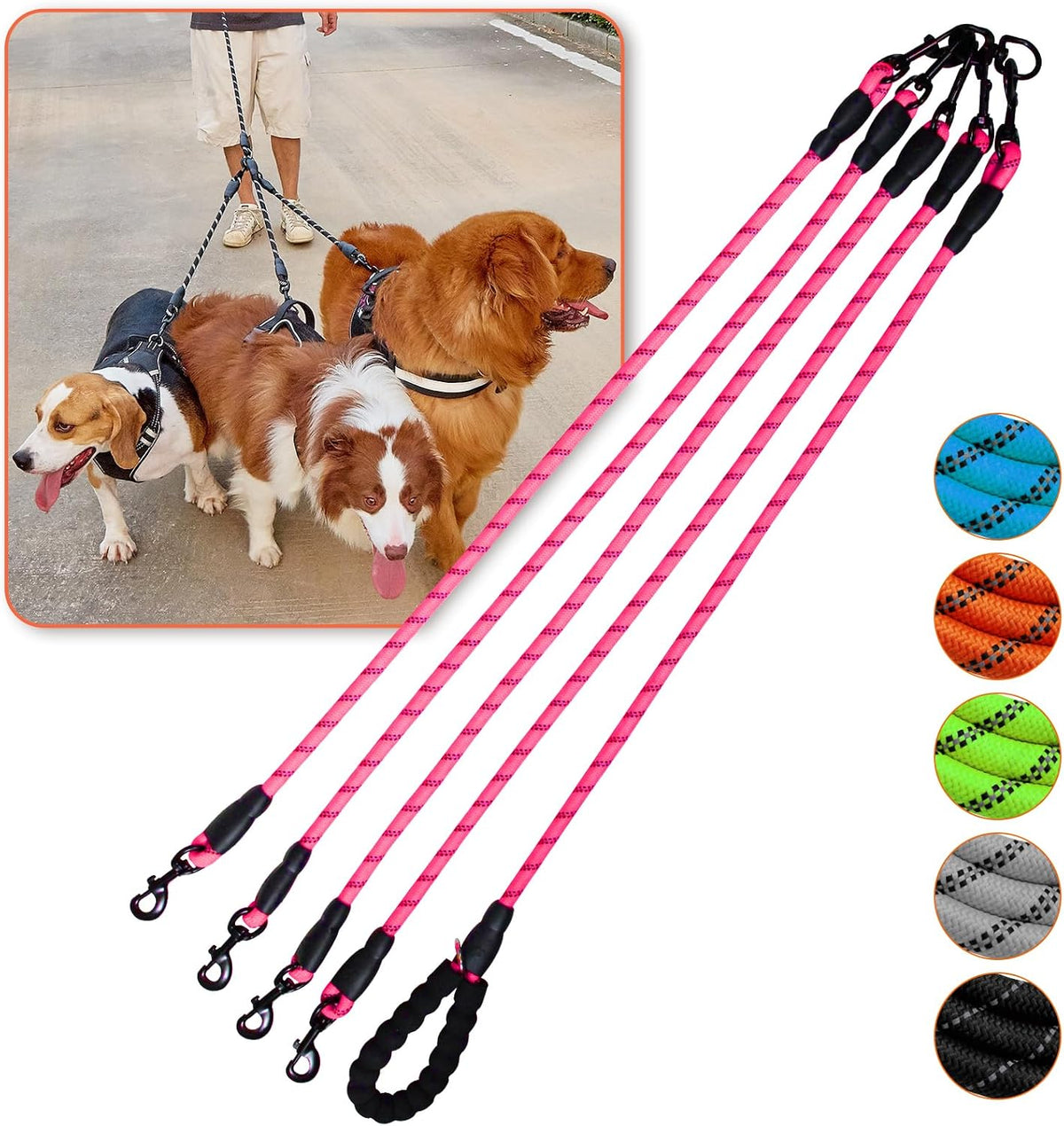 Dog Double Leashes,Comfortable Dog Leash with Reflective,No Tangle Triple Leash for Dogs (Orange Five Leashes) - Image 11
