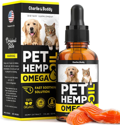 Charlie and Buddy Hemp and Salmon Oil for dogs and cats front view bottle with dropper.