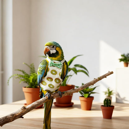 Comfortable bird diaper showing the adjustable back button strap closure