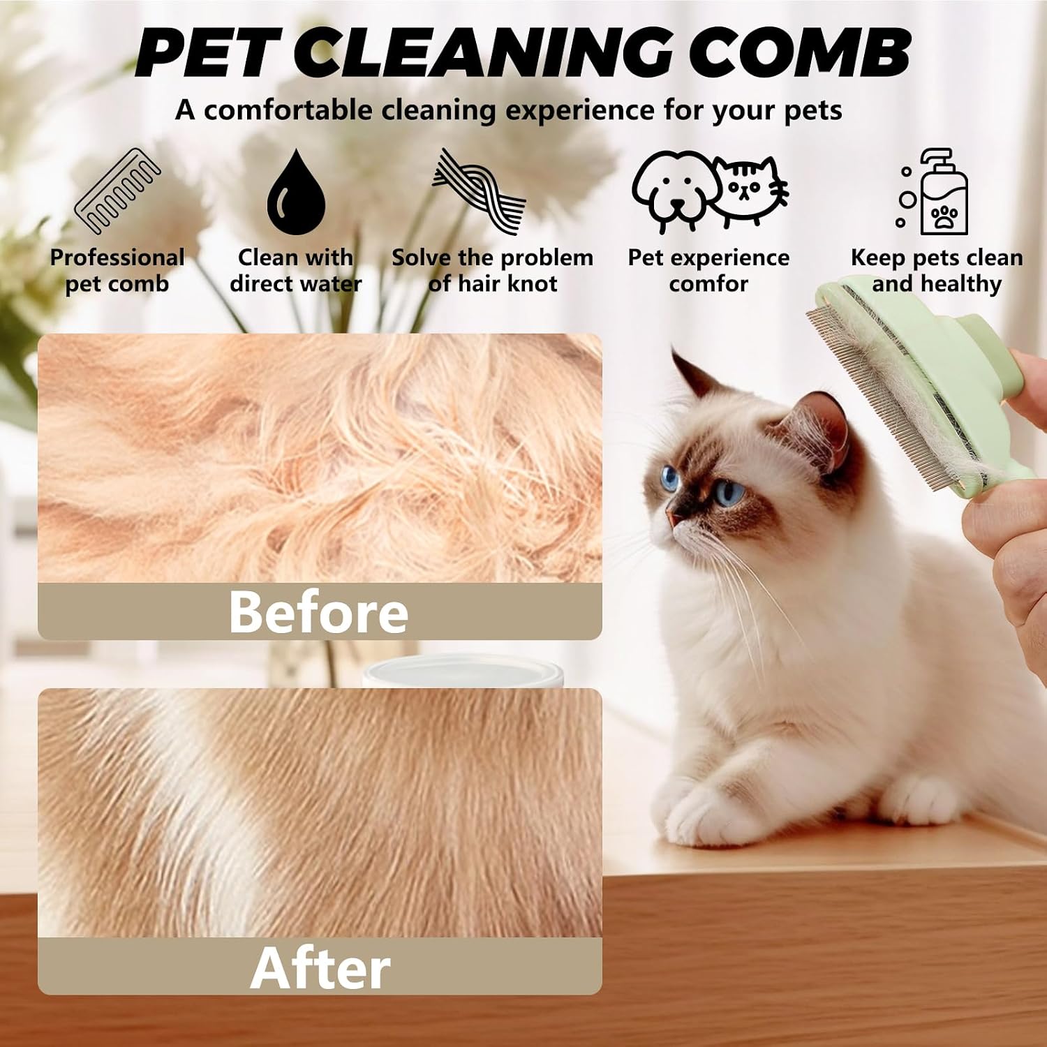 Scrutheorix self cleaning flea comb being used on a long-haired dog coat