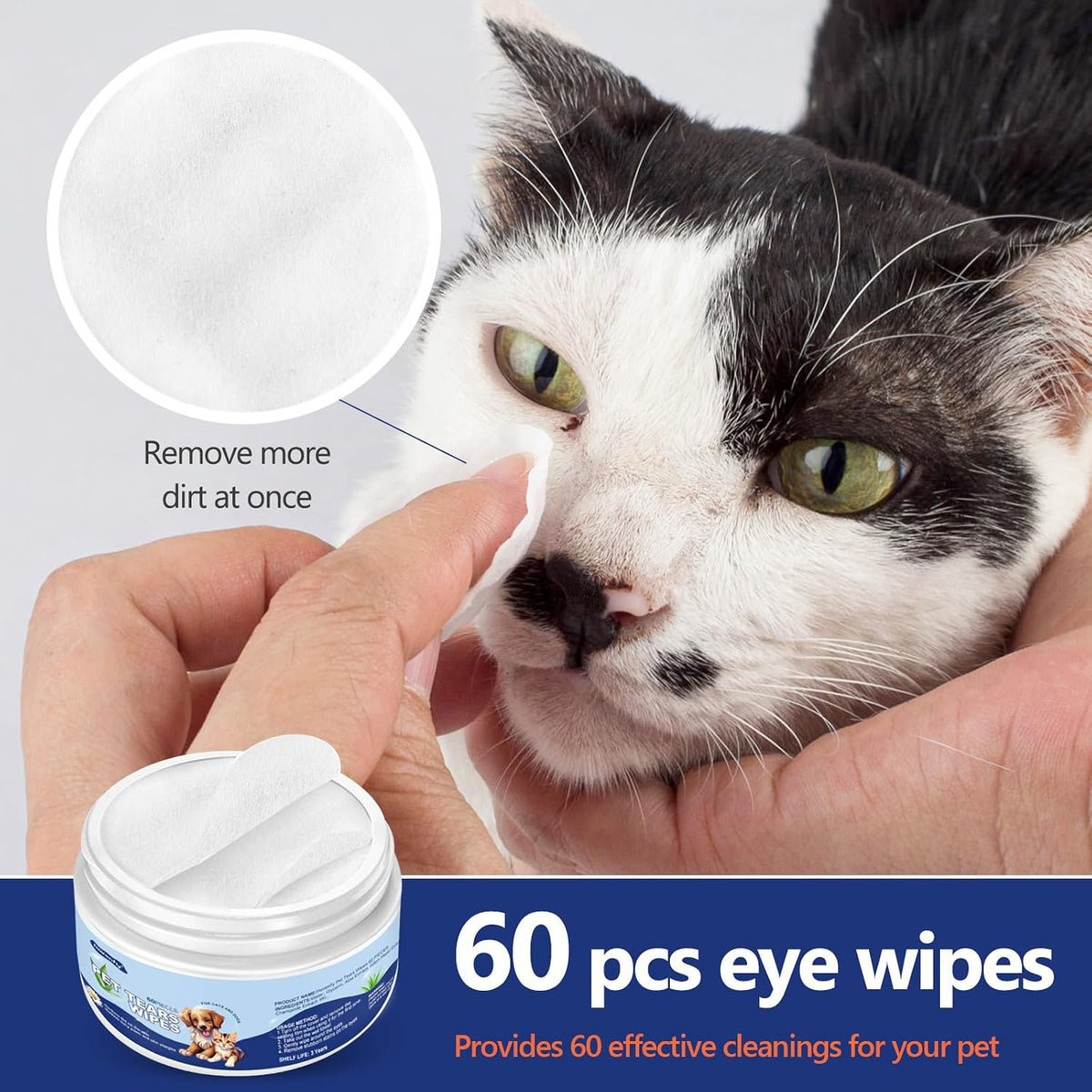 Sixty count pack of disposable round pet wipes for daily eye maintenance.