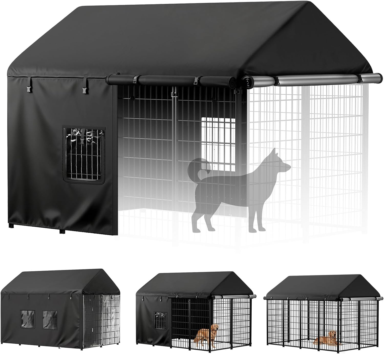 PawGiant Dog Kennel Cover Outdoor front view showing heavy-duty waterproof fabric over an outdoor enclosure