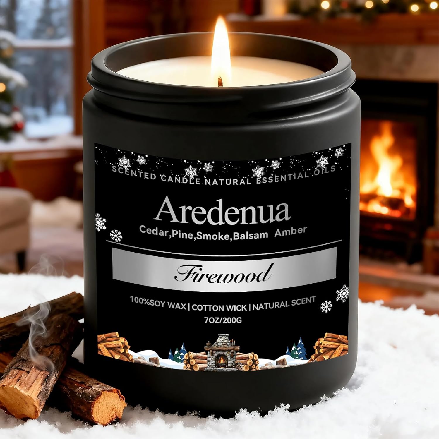 Aredenua Firewood Scented Candle front view in black jar